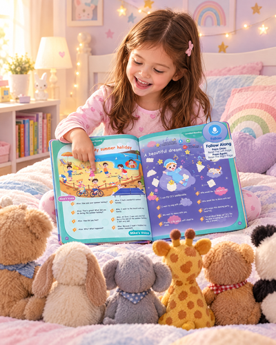 Girl reading ReadStep aloud to her stuffed animals