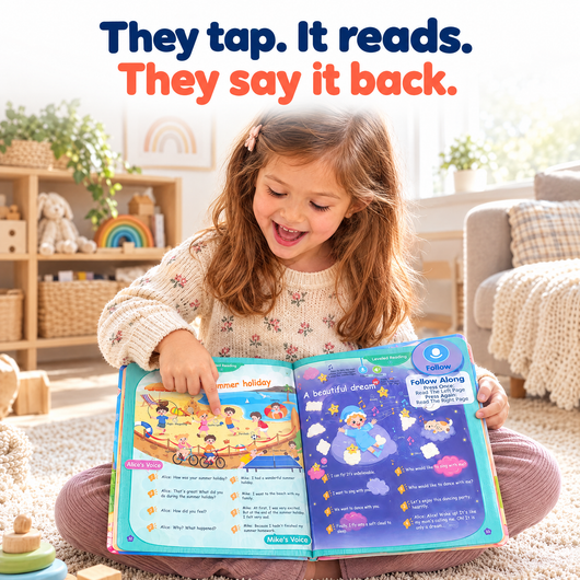 Girl tapping a word in ReadStep and saying it back