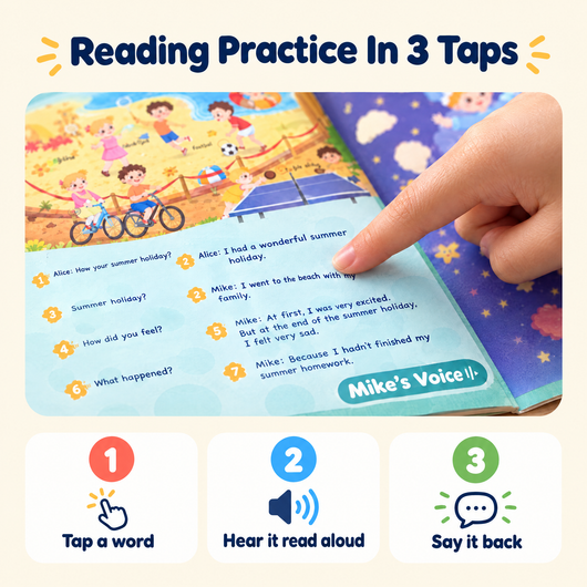 Reading practice in 3 taps: tap a word, hear it read aloud, say it back